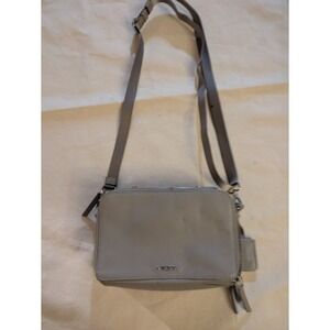 Tumi Gray Leather Zip Around Clutch Wallet Crossbody Strap Silver‎ Hardware